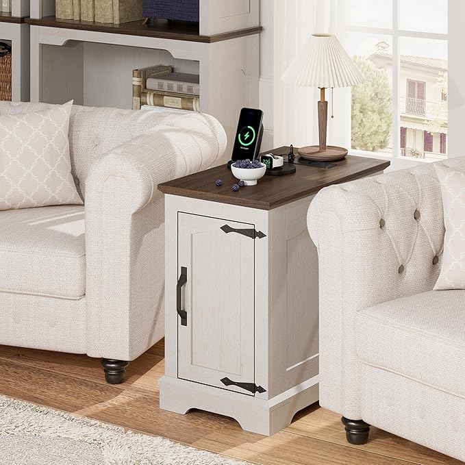 Narrow End Table with Storage, Farmhouse Side Table with Power Outlets & USB Ports, Small Night Stand for Living Room, for Bedroom, Living Room (Wood Door, White & Espresso)