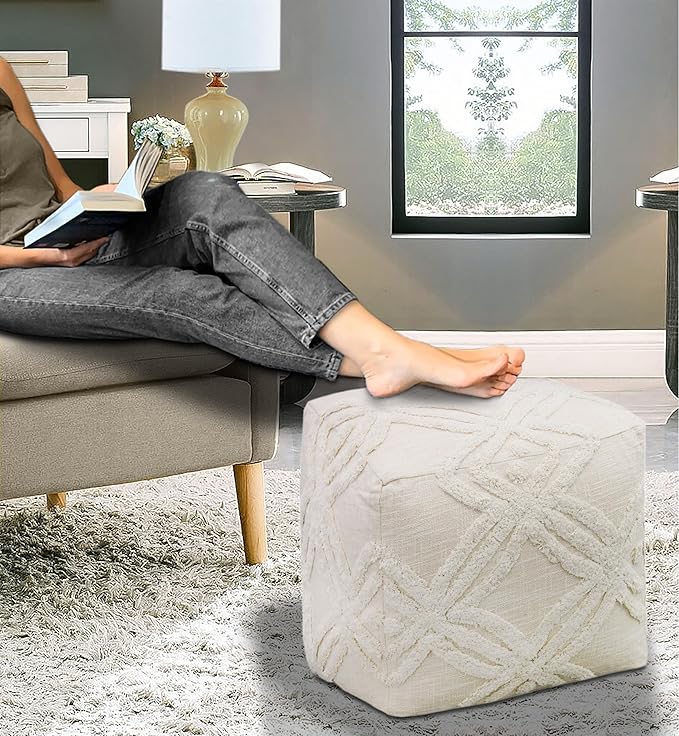COTTON CRAFT Hand Tufted Pouf - Bedroom Dorm Home Accent - Foot Stool - Ottoman - Bean Bag - Versatile Modern Comfortable Prefilled Woven Cotton Square Pouf Footrest - 16x16x16 inches - Ivory