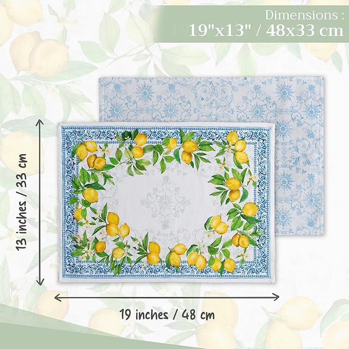 Maison d' Hermine Placemats Set of 4 100% Cotton Washable Cloth Place Mats, Reusable Table Mats for Kitchen Dining Decoration, Party, Wedding, Restaurant Spring/Summer (Cedrat, 13" x 19")