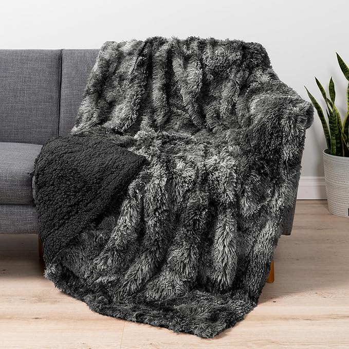 Pavilia Black Fluffy Bed Blanket, King Size, Fuzzy Plush Warm Large Blanket for Couch Sofa, Super Soft Thick Faux Fur Sherpa, Tie-Dye, 90x108