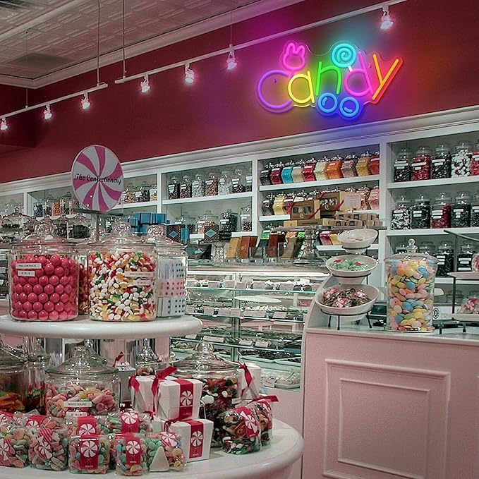 Candy Neon Sign USB Powered LED Bunny Candy Neon Signs Dimmable LED Neon Lights for Bedroom Candy Bar Shop Candy Cart Display Halloween Party Candy Land Party Art Decoration Birthday Gifts