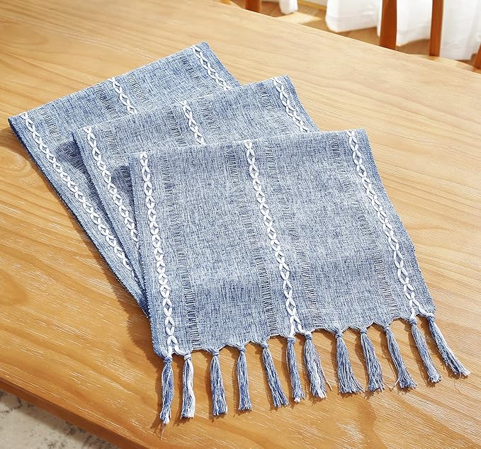 Rustic Farmhouse Style Linen Table Runner, Boho Handmade Tassel Hemstitched Embroidered Small Table Runners 48 Inches Long for Holiday Party, Dresser and Dining Decorations, 13 x 48 inch - Blue