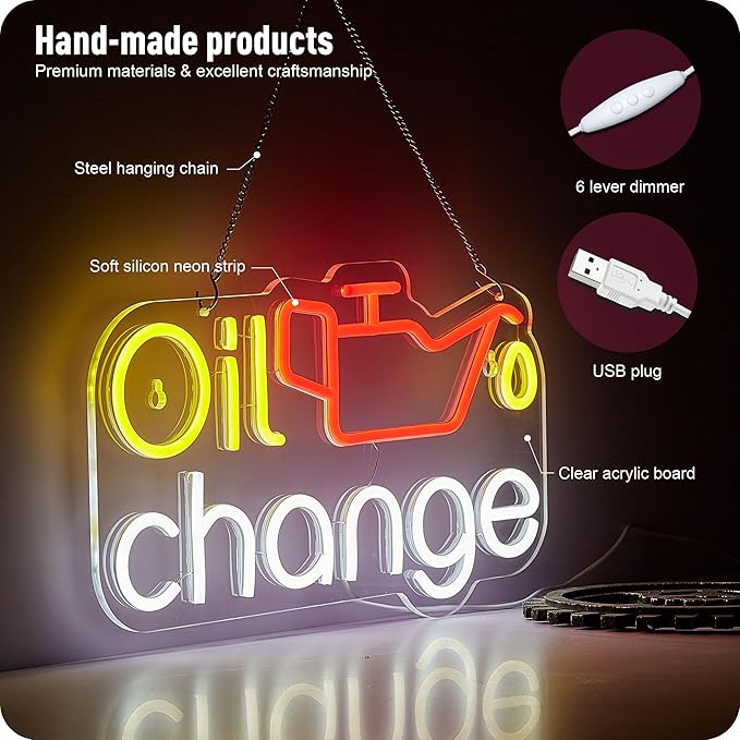 Oil Change Neon Sign Garage Car LED Signs for Wall Decor Automobile Repair Shop Man Cave Auto Room Workshop Garage Accessories with Dimmer USB Powered 9.3 x 16.5 in