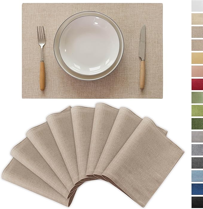 Demetex Linen Placemats Set of 8 Modern Beige Place Mats Heat Reasistant Washable Table Placemat for Dining Room Restaurant Indoor, 13x19 inch, Light Linen