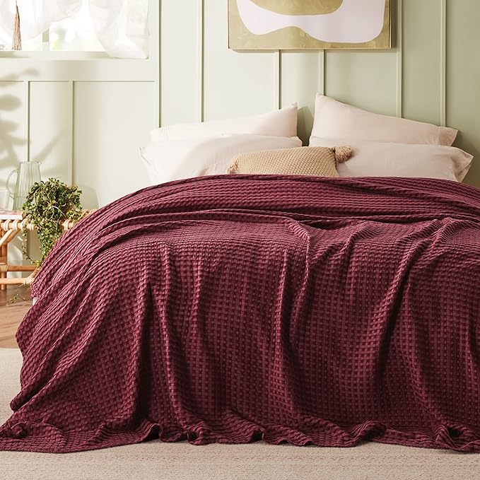 Bedsure Cooling Cotton Waffle Queen Size Blanket - Lightweight Breathable Blanket of Rayon Derived from Bamboo for Hot Sleepers, Luxury Throws for Bed, Couch and Sofa, Burgundy, 90x90 Inches