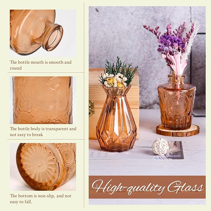 Der Rose Bud Vases in Bulk Glass Vase for Centerpieces Set of 12 Small Flower Vases Mini Vintage Vases for Rustic Wedding, Home Table Decorations (Amber)