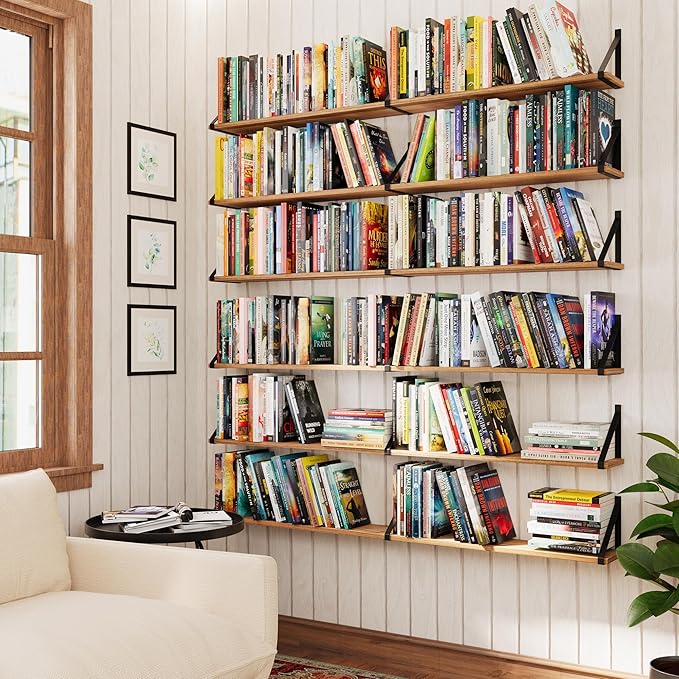 Wallniture Bora 54"x 6" Wall Shelves for Living Room, Bookshelves Wall Mounted, Wood Floating Shelves, Burnt, Wood, Set of 2