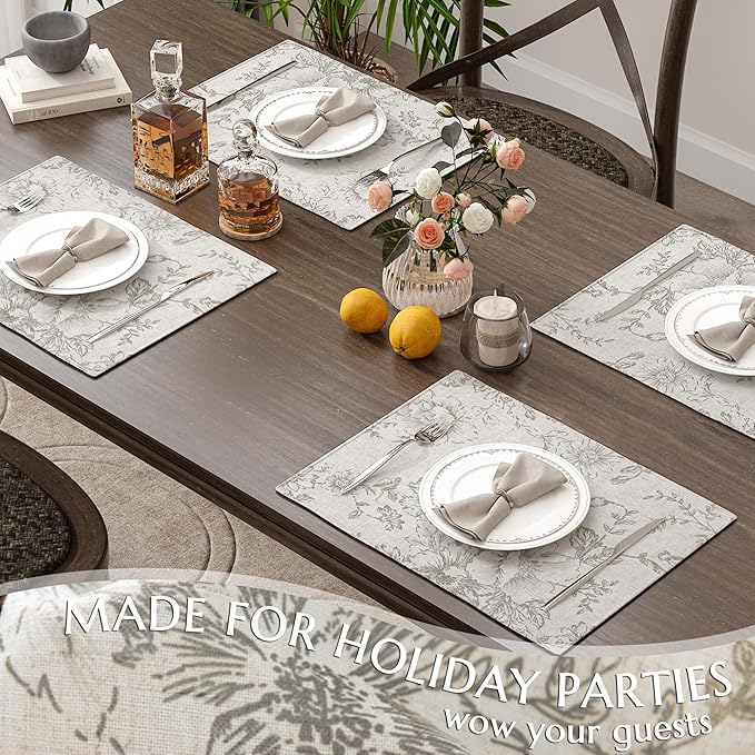 JINCHAN Linen Floral Placemats Set of 4 Farmhouse Cloth Table Mats Holiday Seasonal Rustic for Kitchen Dining Home Decor Washable Tablemats Double Layer Placemats 13x19 Inch Grey