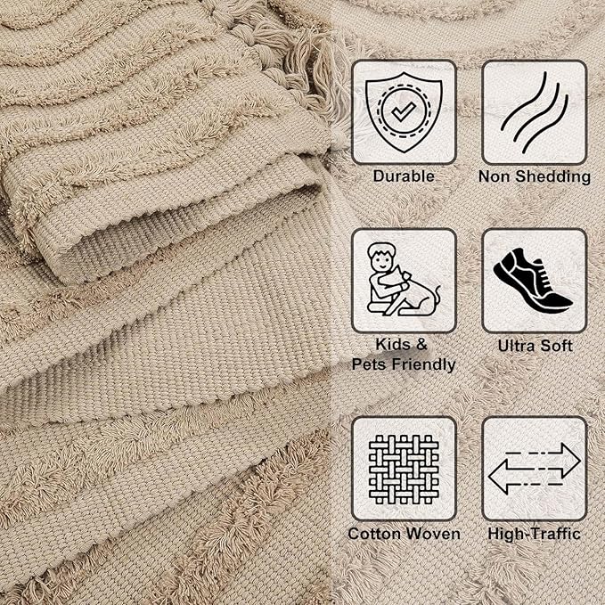 LEEVAN Boho Runner Rug 2'x6' Washable Rug Runners for Hallway Khaki, Durable Kitchen Rugs Tufted Cotton Bedroom Floor Carpet with Tassels Handmade Farmhouse Accent Rug Bohemian Living Room Rugs