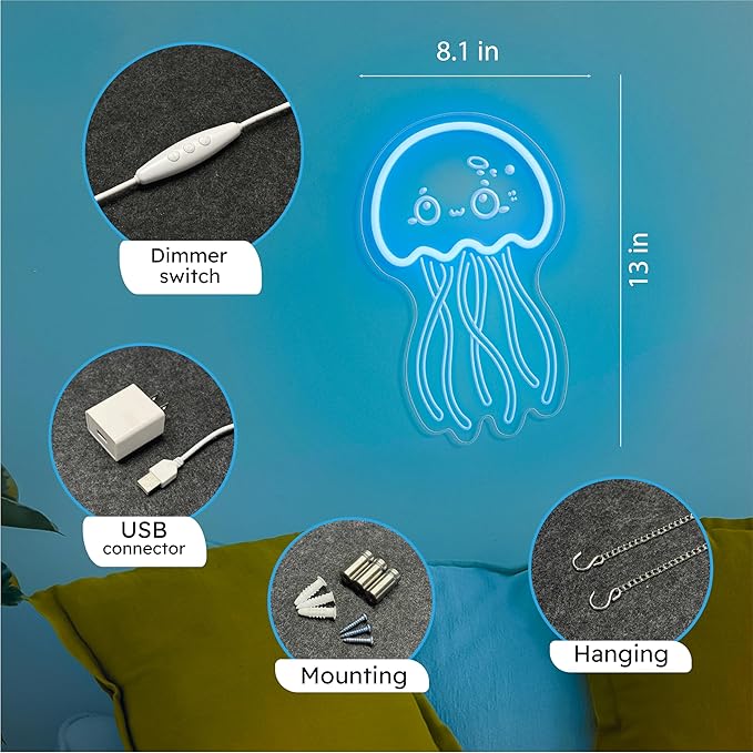 Jellyfish Neon Sign - Jellyfish Decor, Under The Sea Night Lamp, Jellyfish for Lamp Night Light,Ocean Theme Birhday Decoration Room Decor Jellyfish Led Lamp for Kids