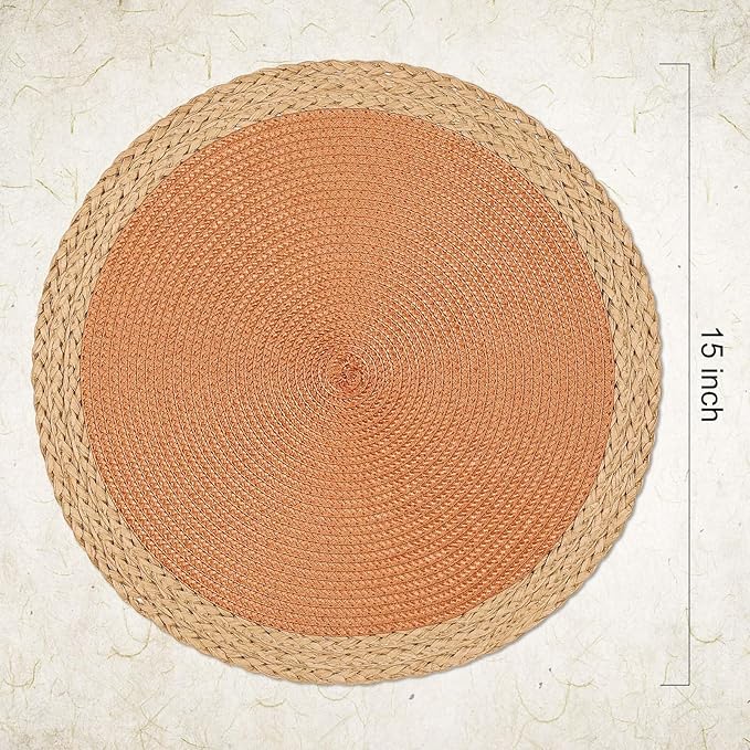Noctiflorous Round Braided Placemats Set of 6 Table Mats 15 Inches Washable Heat Resistant for Dining Table Non-Slip Indoor Outdoor Place Mats for Thanksgiving Christmas Easter(Orange Wide Edge 6)
