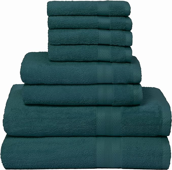 BOUTIQUO 8 Piece Towel Set 100% Ring Spun Cotton, 2 Bath Towels 27X54, 2 Hand Towels 16X28 and 4 Washcloths 13X13 - Ultra Soft Highly Absorbent Machine Washable Hotel Spa Quality - Teal