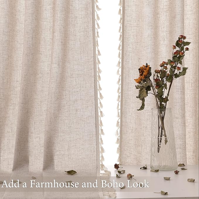 Oatmeal Beige Linen Textured Curtains 80 Inches Long 2 Panels Boho Farmhouse Semi Sheer Window Curtains Tassels Back Tab Neutral Light Filtering Chic Curtain Drapes for Living Room Bedroom 52x80