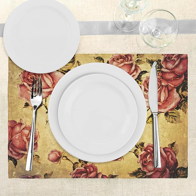 Ambesonne Rose Place Mats Set of 8, Old Fashioned Victorian Style Pattern Dramatic Color Bohemian Art Design, Washable Fabric Placemats for Dining Table, Placemat 8 pcs, Mustard Pink