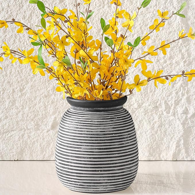 Ceramic Rustic Vase,7.48" Flowers Pottery Vases Home Decor Round Wide-Mouth Farmhouse Decorative Vase for Flowers Pampas for Table Living Room Entryway Mantel Shelf Kitchen Bathroom Bedroom