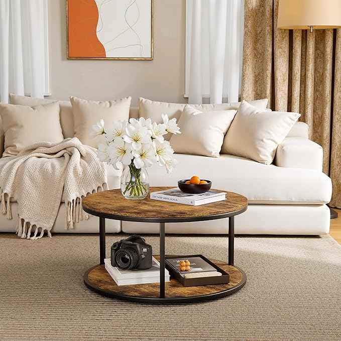 YESHOMY 36“ Wood Round Coffee Table, Coffee Tables for Living Room, Metal & Wood Round Table, Small Space Solution for Living Room Furniture, Rustic Brown