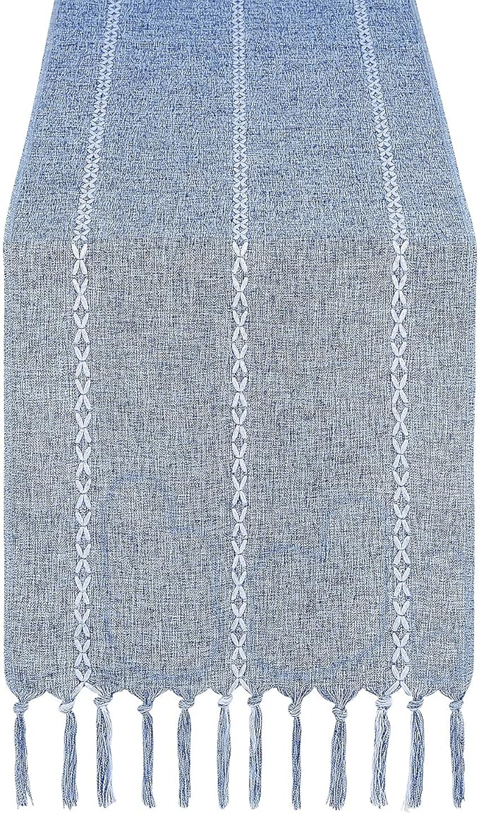 Chassic Rustic Farmhouse Style Linen Table Runner, Boho Handmade Tassel Embroidery Table Runners 72 Inches Long for Holiday Party, Dresser and Dining Decorations, 13 x 72 inch - Blue
