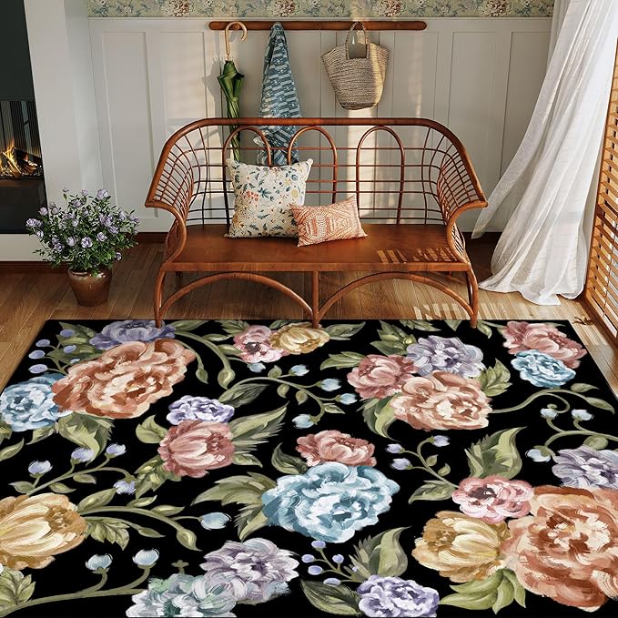 Black Area Rug 3x5 Floral Office Door Mat Living Room Indoor Non Slip Kitchen Carpet Washable Bedroom Low Pile Soft Accent Rug for Office Dining Room Bathroom Farmhouse