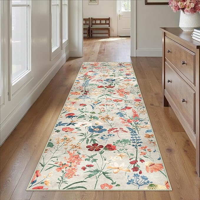 Floral Runner Rug 2x10 Washable Hallway Long Beige Bedroom Carpet Non Slip Indoor Boho Kitchen Low Pile Accent Rug Lightweight Soft for Bathroom Dining Laundry Living Room