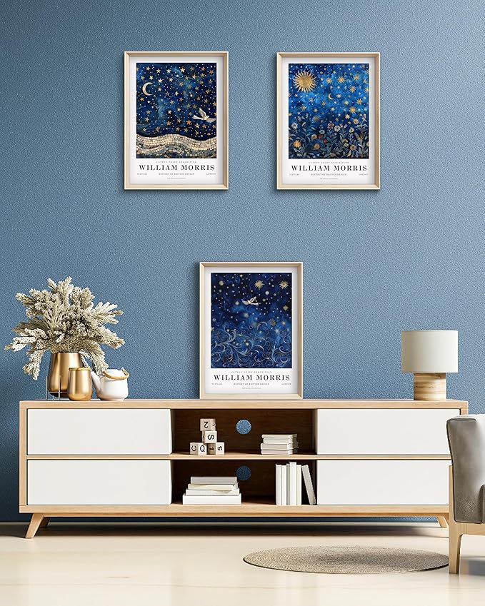 HesenDot Framed William Morris Moon and Stars Canvas Wall Art,Vintage Wall Art Prints Painting,16x12IN High Framed Design Prints,Textile Art Decor for Living Room,Bedroom,Gallery,Office Set of 3