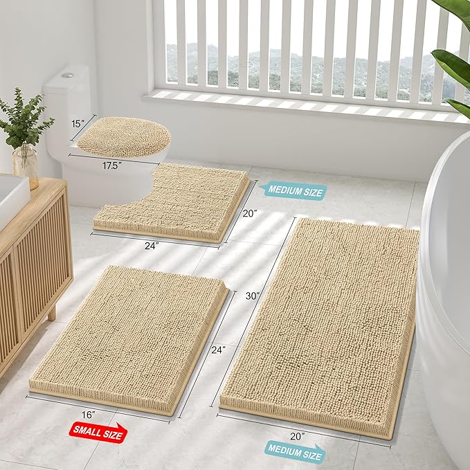Smiry Luxury Chenille Bathroom Rugs 70x24, Extra Soft and Absorbent Shaggy Bath Mat, Machine Washable, Non-Slip Plush Carpet Runner for Tub, Shower, and Floor, Home Decor Accessories, Beige