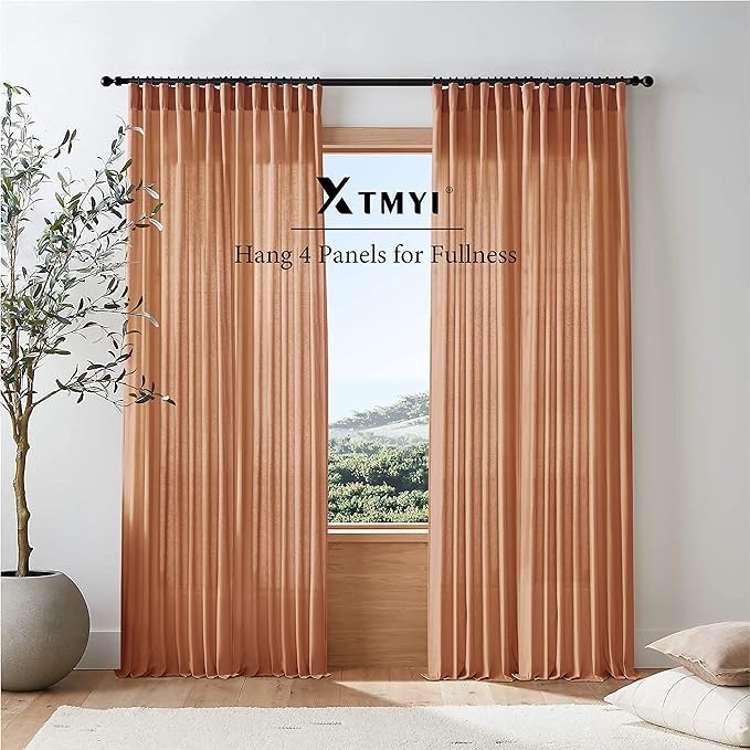 XTMYI 70 Inches Wide Terracotta Country Curtains for Living Room,Sheer Linen Curtains for Bedroom 96 Inches Long