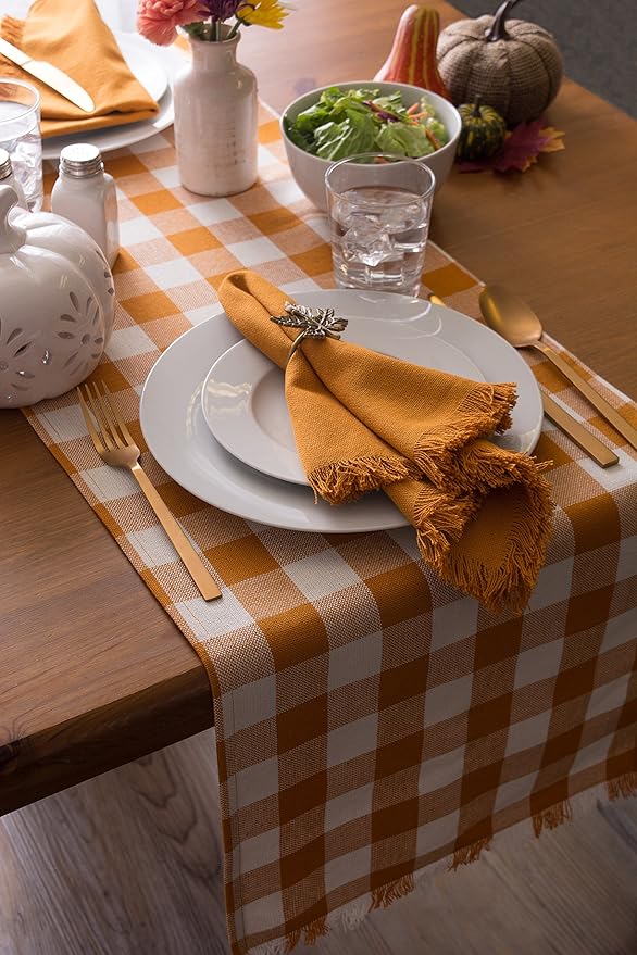 DII Heavyweight Fringed Check Tabletop Collection, Table Runner, 14x108, Pumpkin Spice