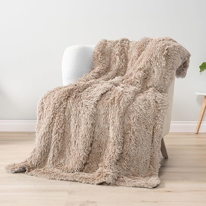 PAVILIA Taupe Tan Fluffy Throw Blanket for Couch, Fuzzy Blanket for Women Men, Furry Plush Warm Blanket Bed Sofa, Super Soft Thick Faux Fur Sherpa Blanket Throw, 50x60