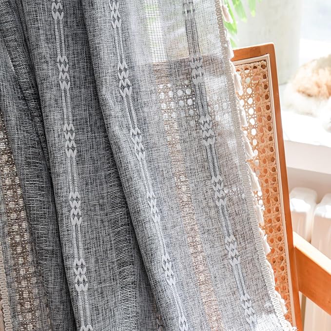 ColorBird Grey Curtains for Living Room 2 Panels Set, Linen Curtains 84 Inches Long, Boho Bedroom Room Darkening Curtains & Drapes, Embroidered Window Curtains for Dining Door Nursery Office