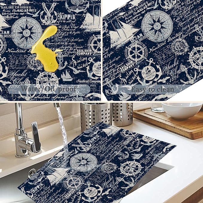 Nautical Navy Blue Placemats Set of 6,Washable Heat Resistant 12×18 Inch Linen Table Mats Caribbean Sailing Place Mats for Party Outdoor Dining Décor