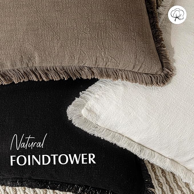 Foindtower Set of 2 Decorative Linen Fringe Throw Pillow Covers Cozy Boho Farmhouse Cushion Cover with Tassels Soft Accent Pillowcase for Couch Sofa Bed Living Room Home Decor, 22×22 Inch, Light Brown