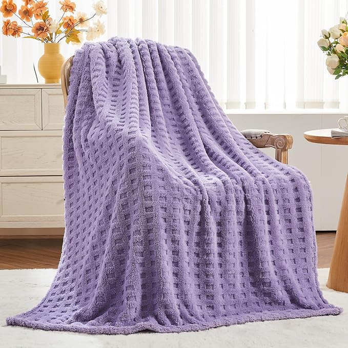 NEWCOSPLAY Super Soft King Blanket Lavender Premium Silky Flannel Fleece 3D Waffle Checkered Lightweight Bed Blanket All Season Use (Lavender, King(90"x110"))