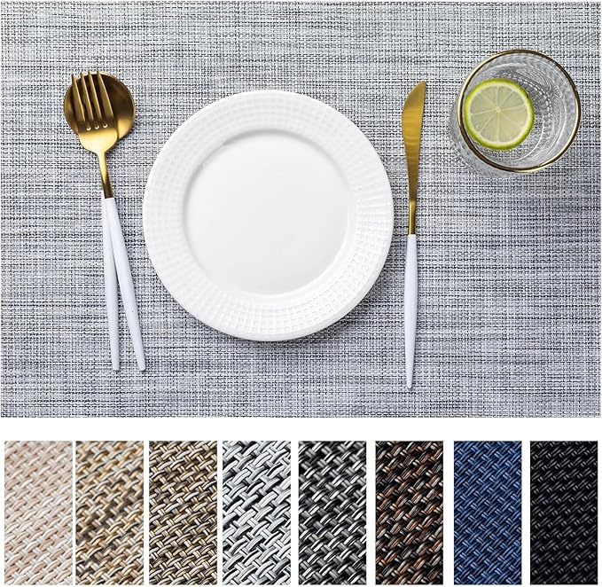 LEXMORE Placemats Set of 6 Vinyl/Plastic Woven Place Mats for Kitchen Table Indoor/Outdoor Washable Placemat Wipeable Dining Table Mats(Gray)