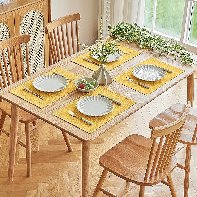 Softalker Faux Linen Placemats Set of 4-12 x 18 Inch, Heat Resistant Double Layered Durable Burlap Farmhouse Place Mats, Non-Slip Washable Rustic Table Mats for Dining, Kitchen, Party(Yellow
