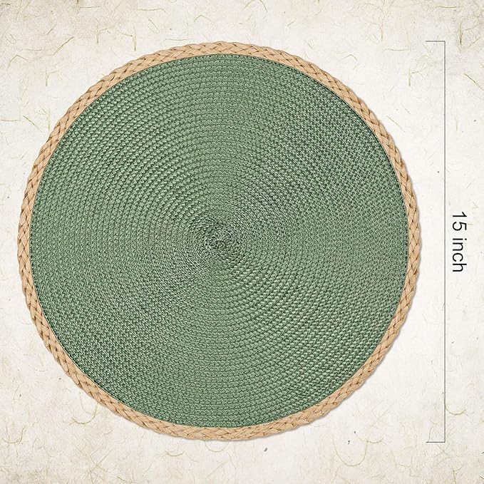 Noctiflorous Round Braided Placemats Set of 6 Table Mats 15 Inches Washable Heat Resistant for Dining Table Non-Slip Indoor Outdoor Place Mats for Thanksgiving Christmas Easter(Green Thin Edge 6)