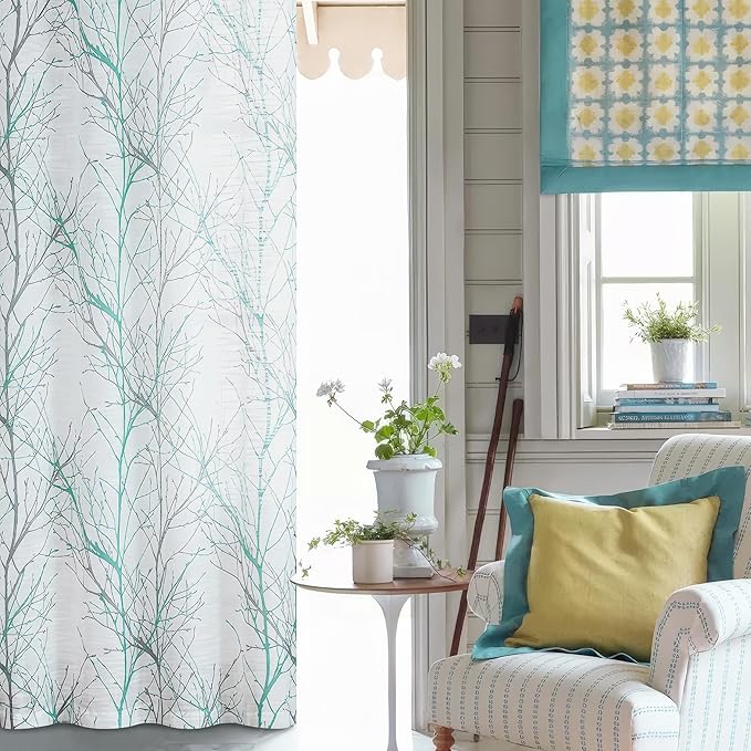 FMFUNCTEX Linen Semi Sheer Curtains for Bedroom, Auqa Blue White Curtains 96 Inches Long for Living Room, Grey Tree Branch Patterned Curtain Light Filtering Window Drapes, Grommet Top 2 Panels