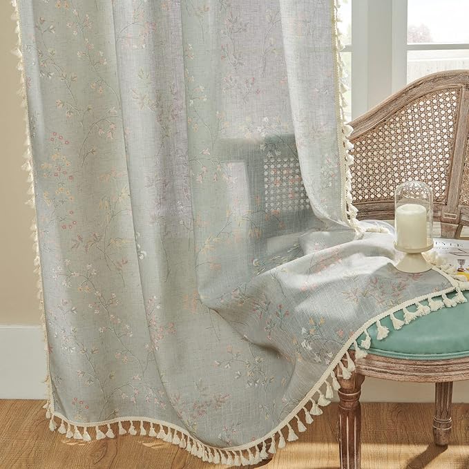 Joydeco Blue Floral Boho Curtains 108 Inches Long 2 Panels, Super Soft Bohemian Farmhouse Curtains with Tassels, Semi Sheer Light Filtering Drapes for Bedroom Living Room (Rod Pocket, 52Wx108L)