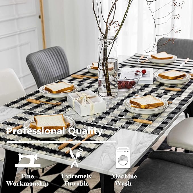 Home Brilliant Buffalo Plaid Placemats Set of 6 Farmhouse Place Mats for Kitchen Table, 13 x 19 inches, Black and White