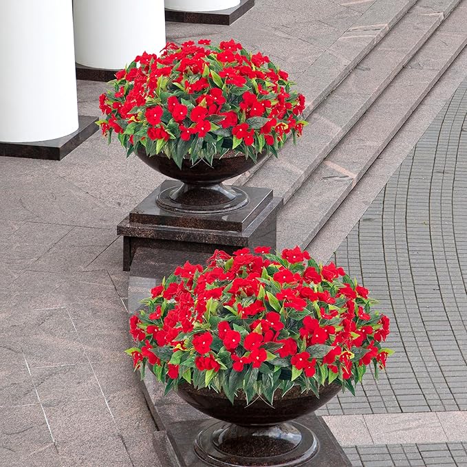 Uqueeten15.7” Spring Decorations for Home Flowers Fake Plants Fake Flowers Artificial Impatiens Bouquet Flowers for Outdoors Silk Faux Flowers Impatiens Plants Decor Indoor Planters 8PCS Red