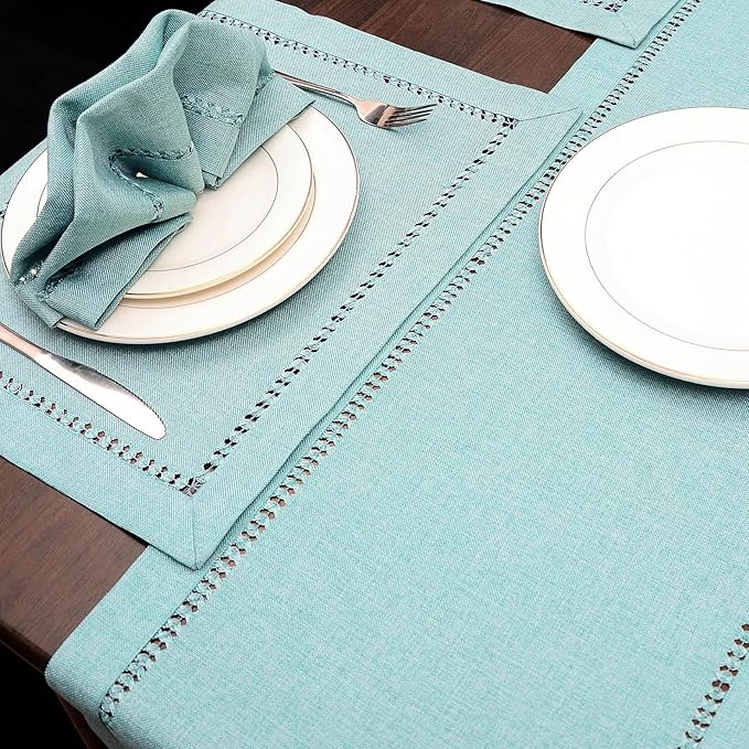 Grelucgo Handcrafted Solid Color Dining Table Runner, Dresser Scarf, Double-Hemstitched (Aqua, 14 x 36)