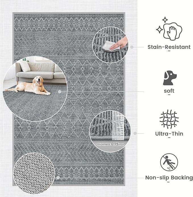 9x12 Area Rug Living Room: Washable Boho Geometric Moroccan Rug Neutral Modern Farmhouse Indoor Soft Non Slip Ultra Thin Large Printed Pattern Carpet for Bedroom Home Office (Black, 9'x12')