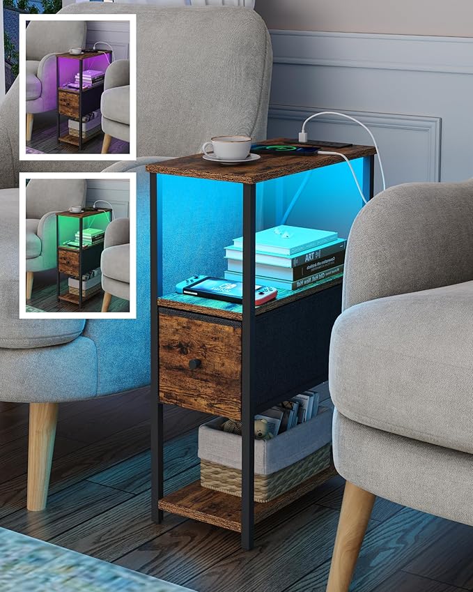 TUTOTAK Small Narrow LED End Table with Charging Station, Side Table Outlets, Nightstand with Cloth Drawer, Set of 2, Couch Table, for Living Room, Bedroom, Bedside, Brown TB01BB059