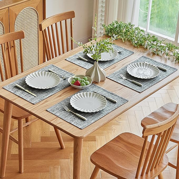 Softalker Faux Linen Placemats Set of 6-12 x 18 Inch, Heat Resistant Double Layered Durable Burlap Farmhouse Place Mats, Non-Slip Washable Rustic Table Mats for Dining, Kitchen, Party(Ash Grey