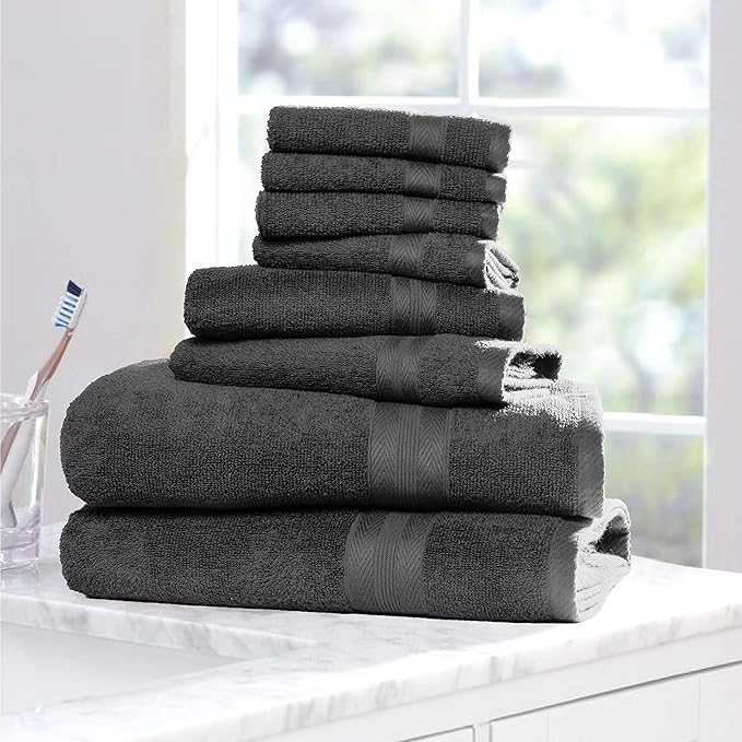 BOUTIQUO 8 Piece Towel Set 100% Ring Spun Cotton, 2 Bath Towels 27x54, 2 Hand Towels 16x28 and 4 Washcloths 13x13 - Ultra Soft Highly Absorbent Machine Washable Hotel Spa Quality - Charcoal Grey