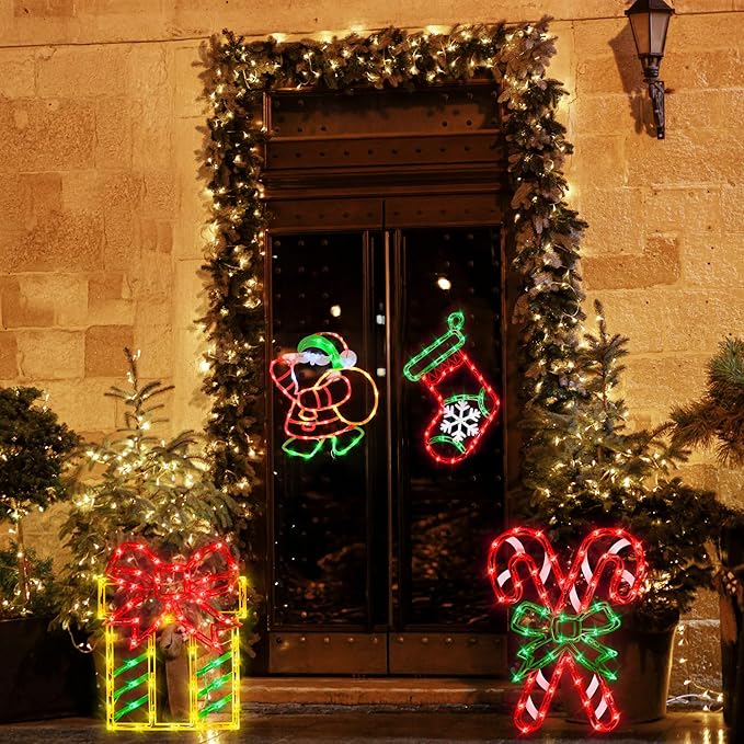 Christmas Decorations - 16" Christmas Window Silhouette Lights - 4 Pack Colour Lighted Christmas Stocking,Candy Cane,Gift Box,Santa for Holiday Indoor/Outdoor Wall Door Window Decorate