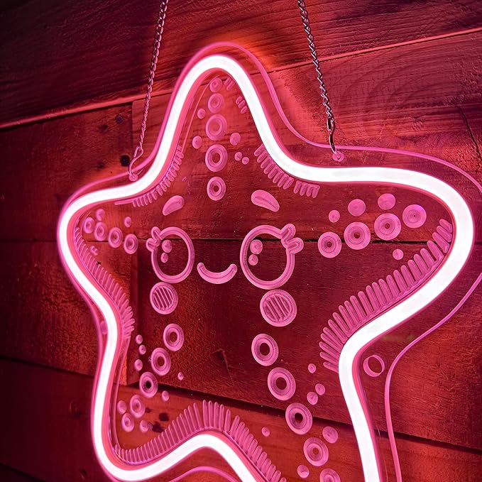 Starfish Neon Sign, Pink Neon Sign, Kawaii Star Ocean Decor Design, USB Cable with Dimmer, Beach Themed Night Light Gift for Craft Room Kid Wall Decor (11,8 * 11,5in)