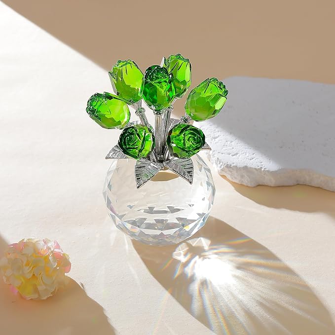 Green Rose Flower Crystal Figurine with Vase, Bouquet Flowers Ornament Gifts for Wife Girlfriend Women , Handmade Crystal Flower Collectible Home Table Decor for Valentine's Day Wedding Anniversary