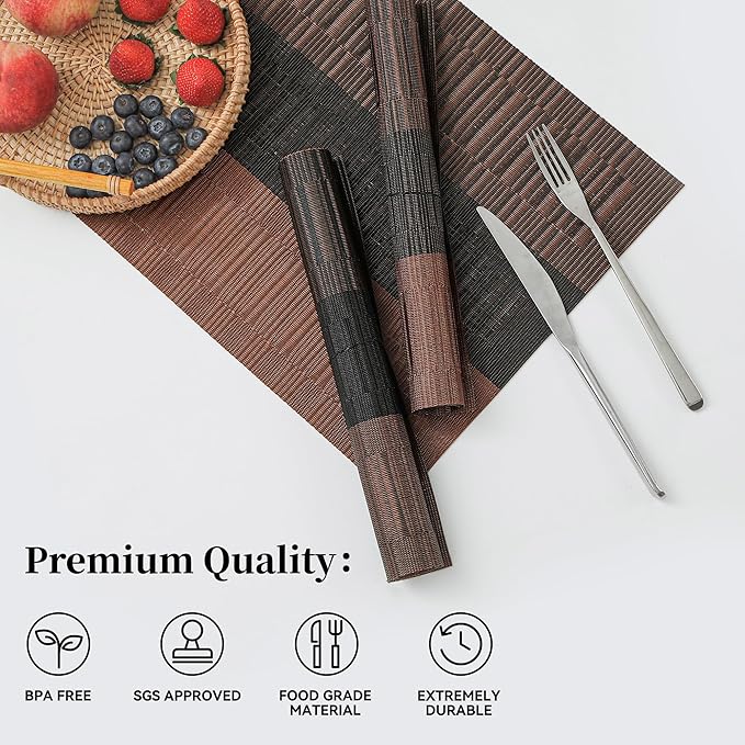 Leetaltree Brown with Black Striped Placemats Set of 8 - Heat Resistant Non-Slip Place mats for Dining Table, Washable Durable PVC Vinyl Woven Table Mats(Brown Stripe, 8)