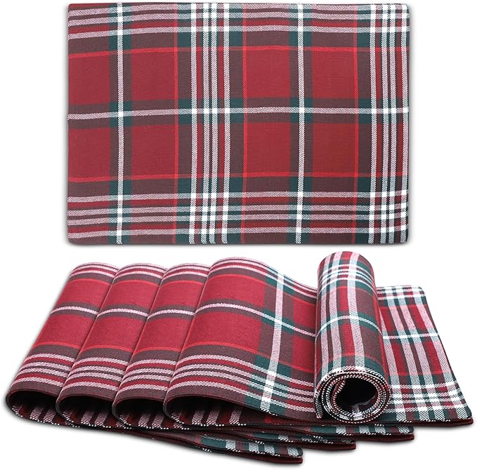 Urban VillaPlacemats Christmas Plaid 100% Cotton Fused Tablemats for Dining 14''x20'' Over Sized Set of 6 Placemats for Christmas Celebrations Wedding Parties Every Day Use Heavier QualityPlacemats