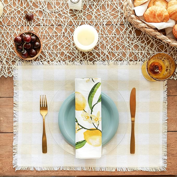 DII Heavyweight Fringed Check Tabletop Collection, Placemat Set, 13x19, Natural, 6 Count